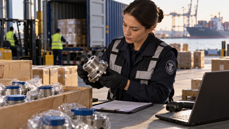 A customs specialist inspecting packaged industrial components on a workbench, editorial illustration