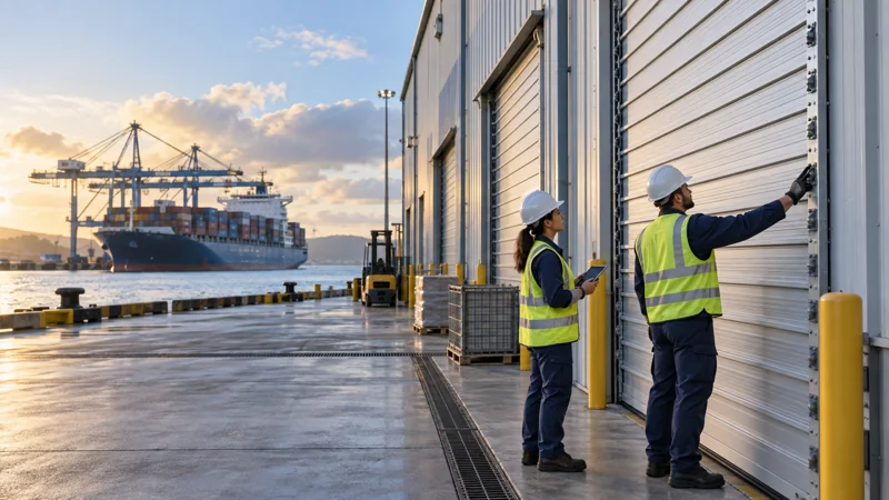 A coastal cargo warehouse with storm shutters being inspected in calm weather, editorial illustration