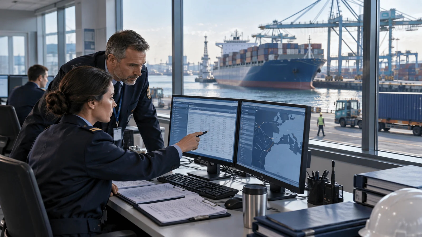 Customs staff reviewing shipping data in a modern port office, editorial illustration