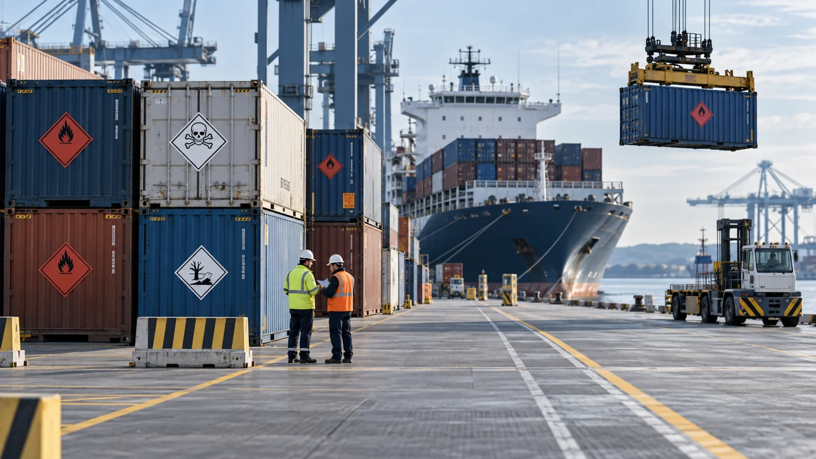 Dangerous goods containers in an orderly designated terminal area, editorial illustration