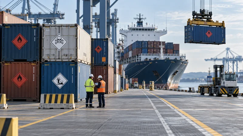 Dangerous goods containers in an orderly designated terminal area, editorial illustration