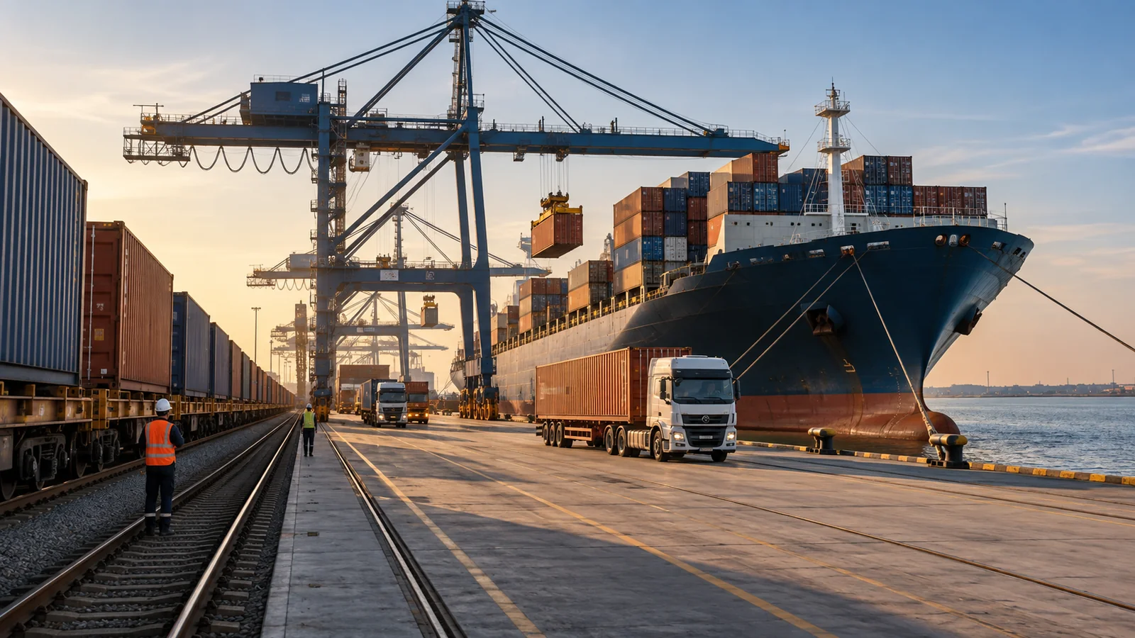 Container terminal with rail tracks and trucks beside ship, editorial illustration
