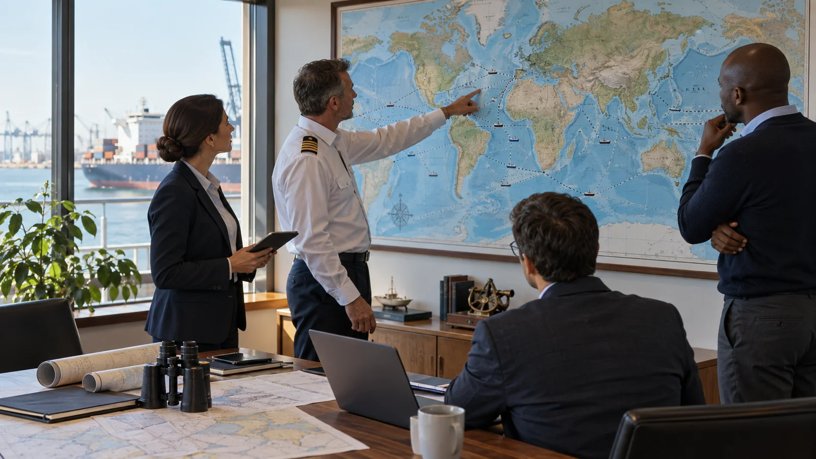 International marine management team reviewing a wall shipping map without readable text, editorial illustration