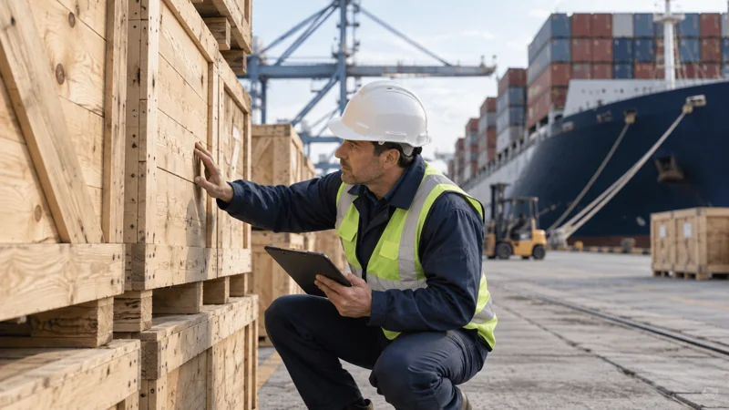 An inspector checking wooden export crates without readable certification marks, editorial illustration