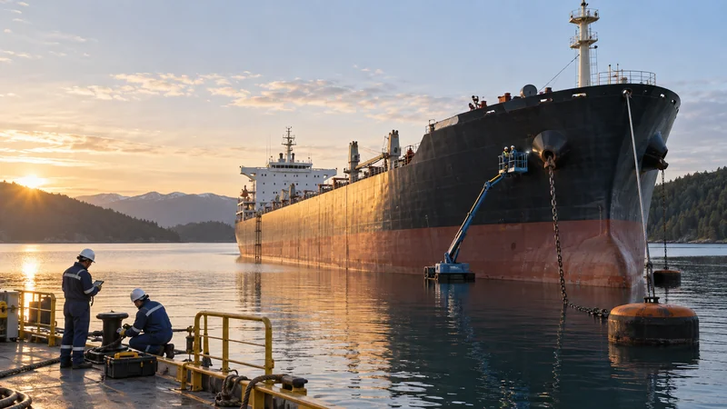 Commercial vessel safely laid up at sheltered mooring with maintenance crew, editorial illustration