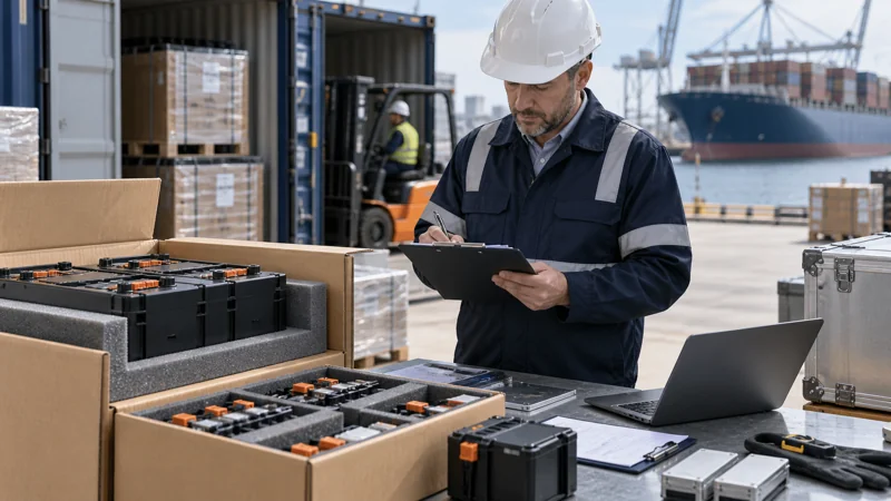 Properly packed battery components at an industrial export inspection bench, editorial illustration