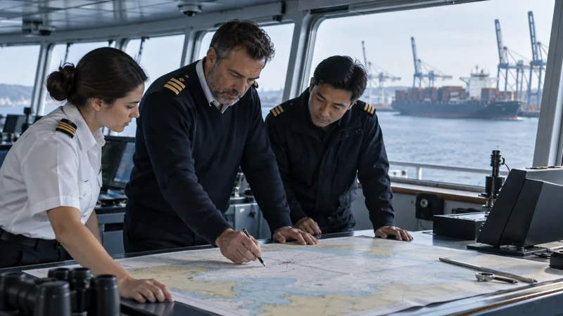 A container ship bridge team marking an incident location on a paper chart, editorial illustration
