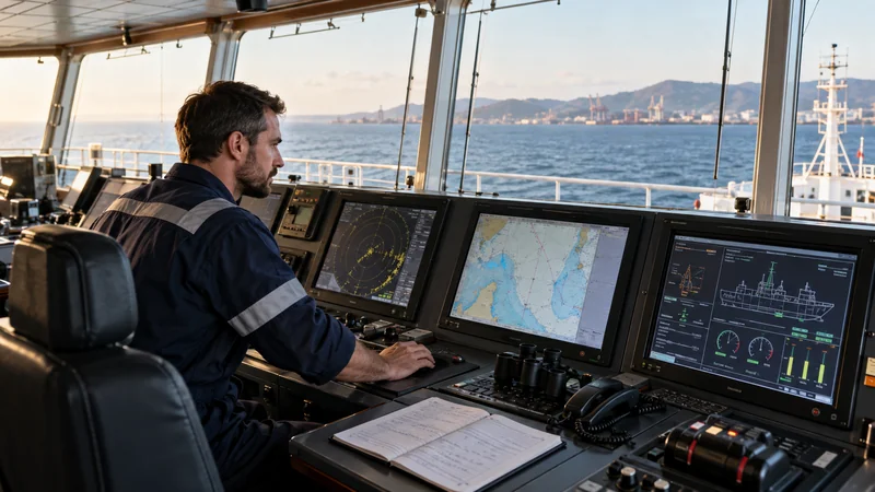 Marine engineer at realistic ship bridge computer console, editorial illustration