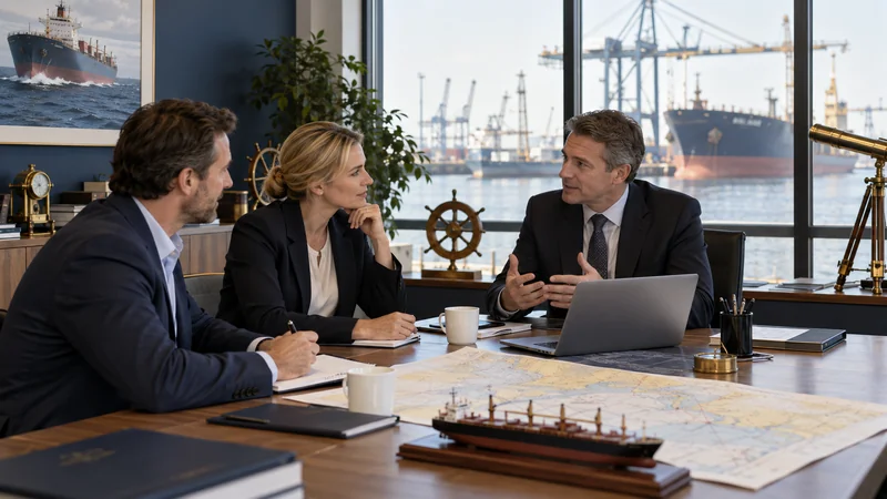 Business meeting in contemporary maritime insurance office, editorial illustration