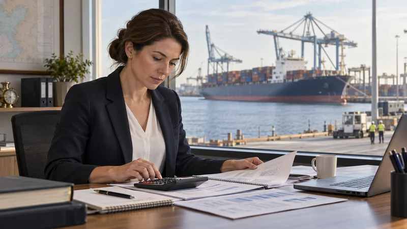 Finance manager with calculator and commercial port visible through window, editorial illustration
