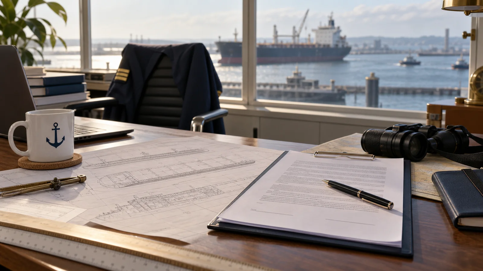 Marine office desk with vessel plan and unsigned document, editorial illustration
