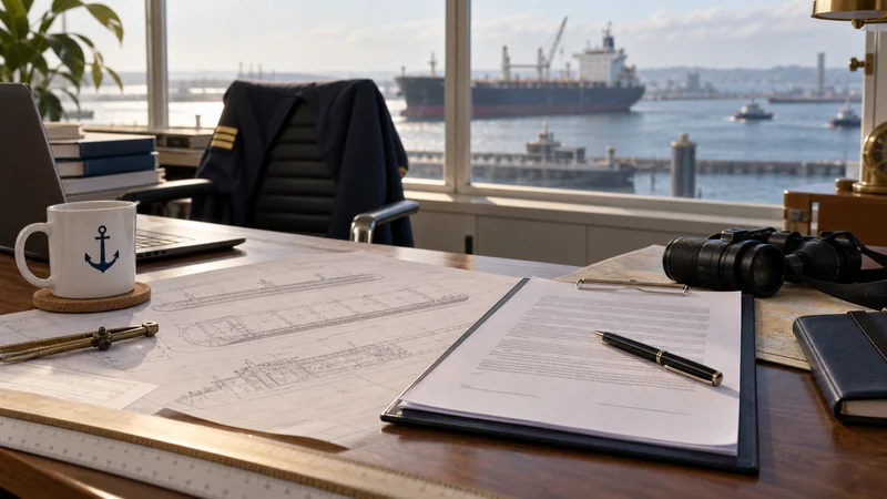 Marine office desk with vessel plan and unsigned document, editorial illustration