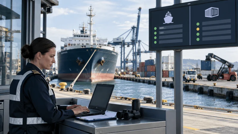 A port clearance officer using a laptop beside a vessel arrival board with no readable text, editorial illustration