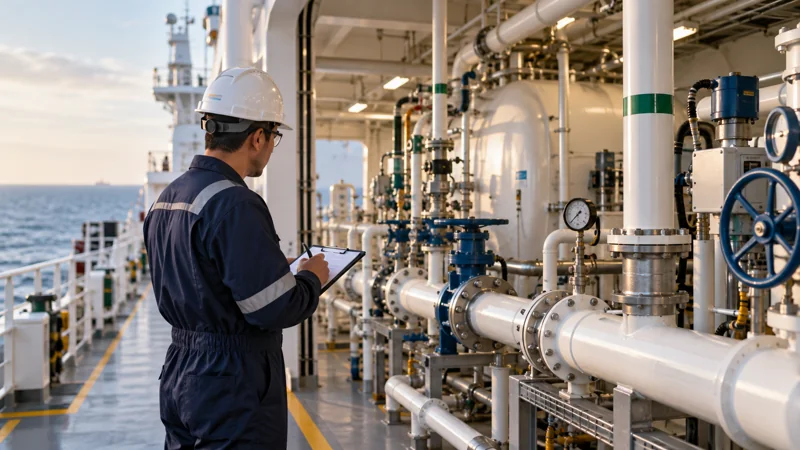 An engineer inspecting a modern ship fuel-system compartment with clean pipework, editorial illustration