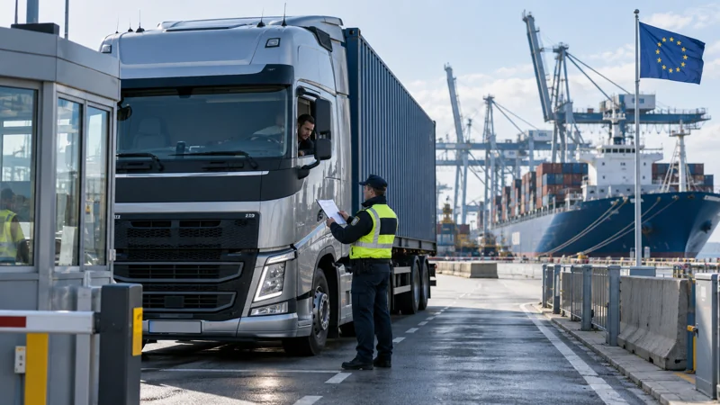 An export truck being checked at a european port customs gate, editorial illustration