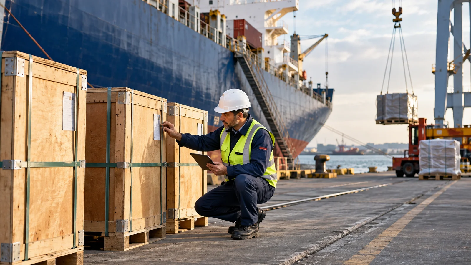 Cargo surveyor inspecting sealed crates before ocean loading, editorial illustration