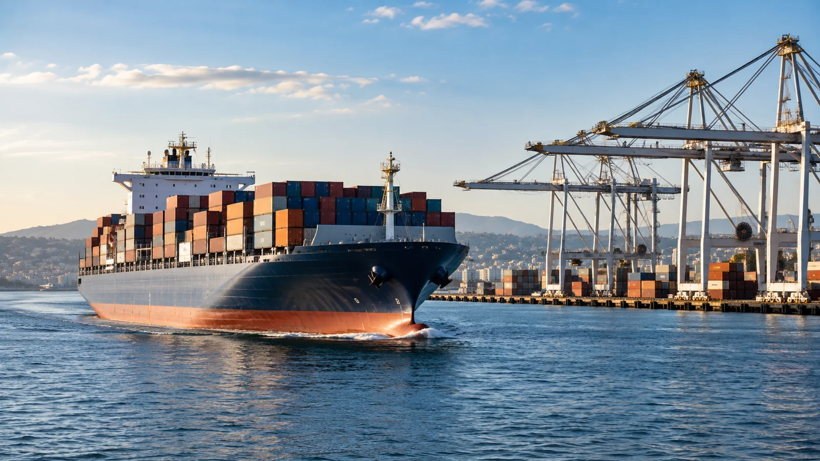 Containerschiff fährt an Hafenkränen bei klarem Tageslicht vorbei, redaktionelle Illustration
