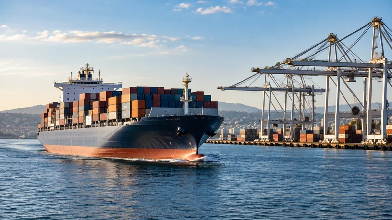 Container ship moving past port cranes in clear daylight, editorial illustration