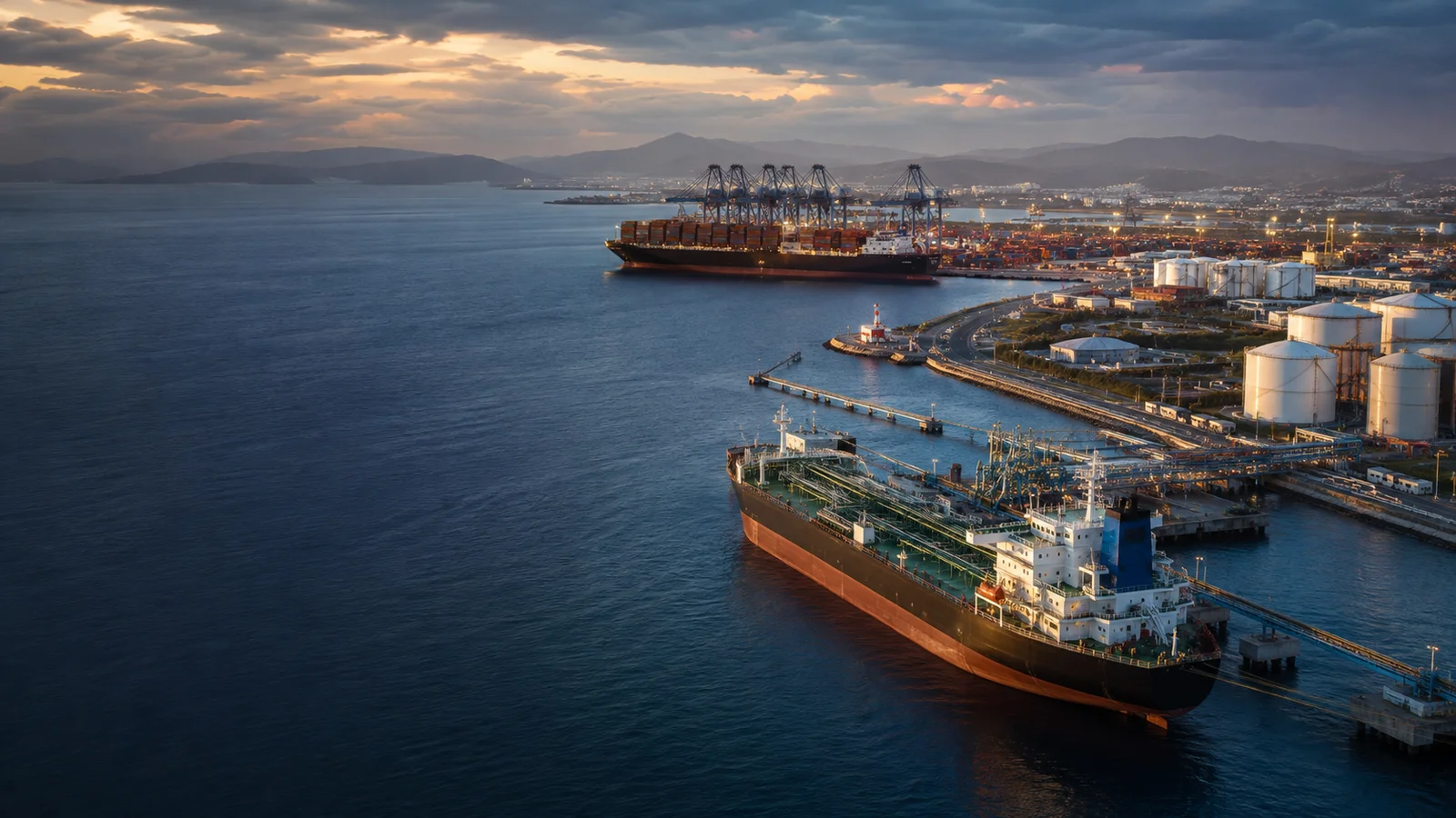 Tanker and container ship in separate deepwater berths at a large modern port