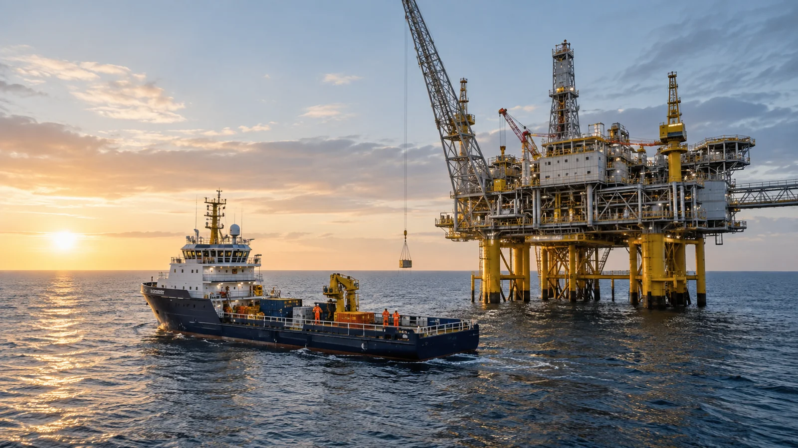 Offshore-Energieproduktionsplattform und Versorgungsschiff im natürlichen Morgenlicht, redaktionelle Illustration