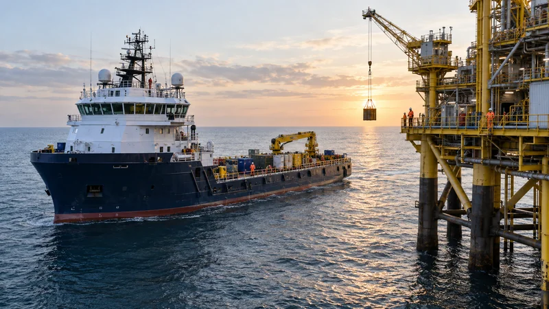 Offshore support vessel near an offshore platform in calm working conditions, editorial illustration