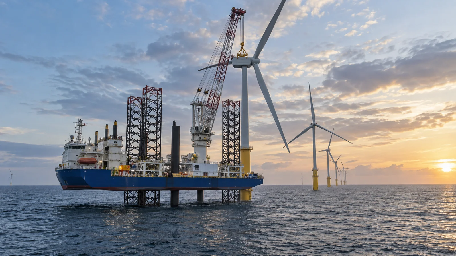 Windkraft-Installationsschiff neben Offshore-Turbinen, redaktionelle Illustration