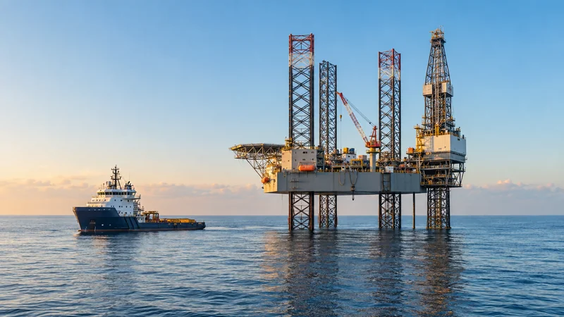 Offshore jack up drilling rig on calm blue sea with support vessel, editorial illustration