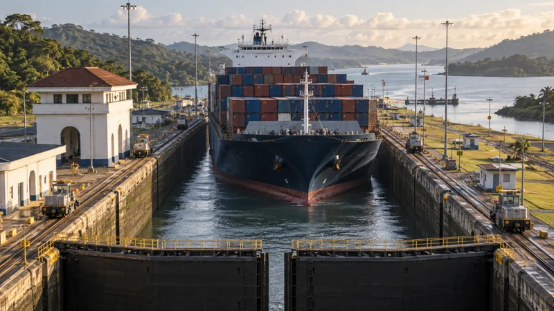 A container ship entering a tropical canal lock, editorial illustration