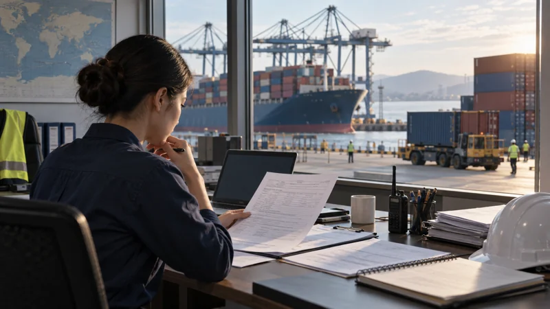 A port dispatch desk with unbranded freight documents and stacked containers outside, editorial illustration