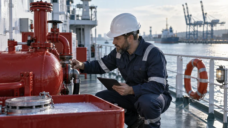 A ship engineer examining unbranded firefighting foam equipment, editorial illustration