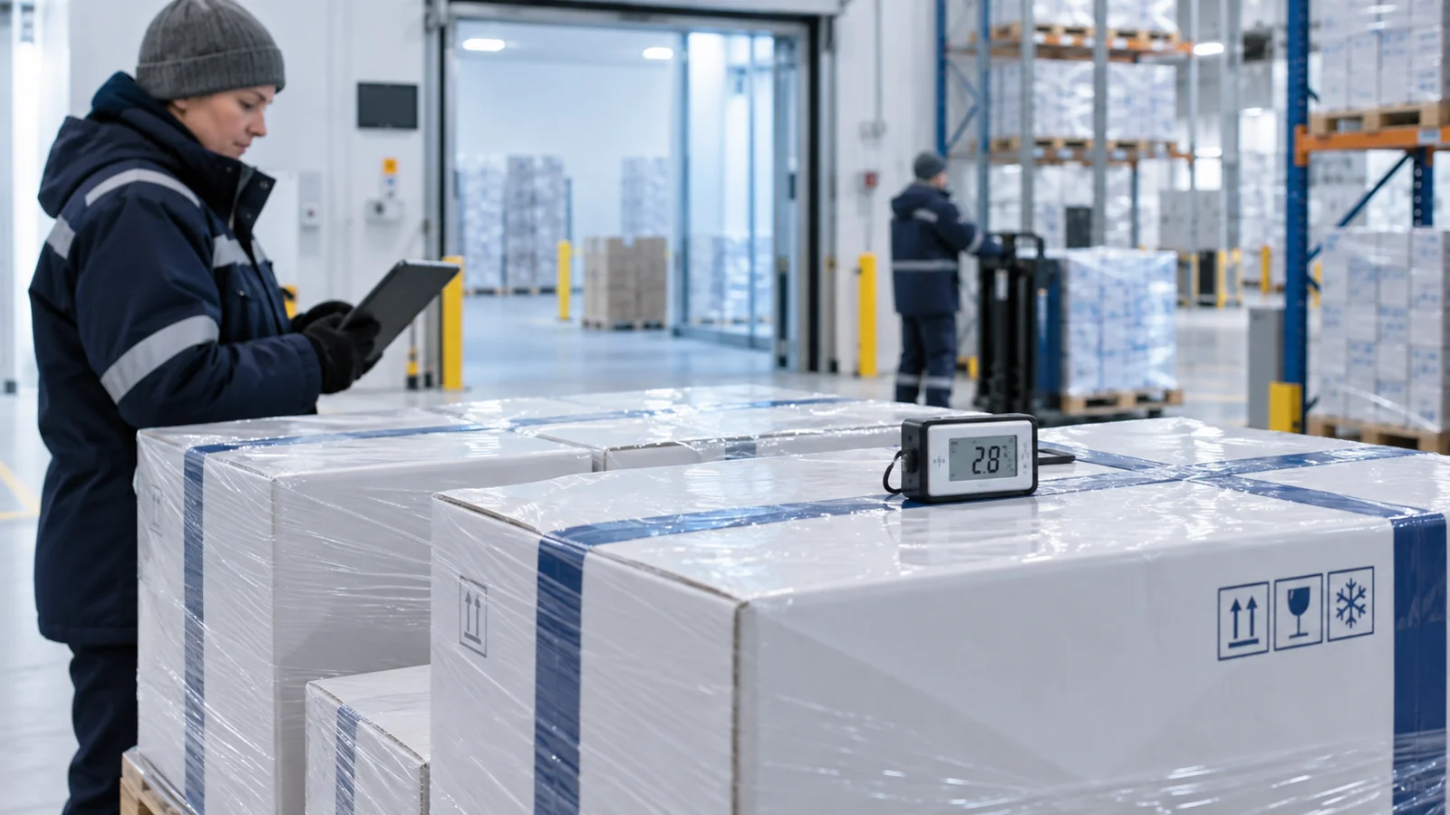 Sealed pharmaceutical cartons and a temperature logger in a clean cold-chain warehouse, editorial illustration