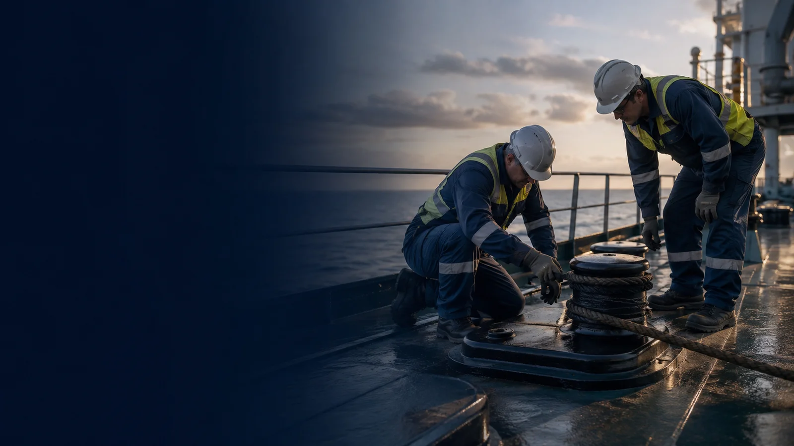 Two maritime crew members wearing protective clothing on a ship's working deck