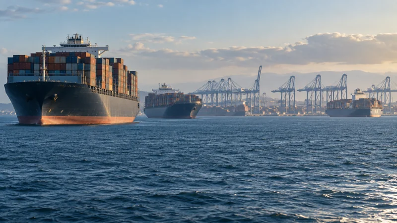 Container vessels waiting offshore near a busy terminal, editorial illustration