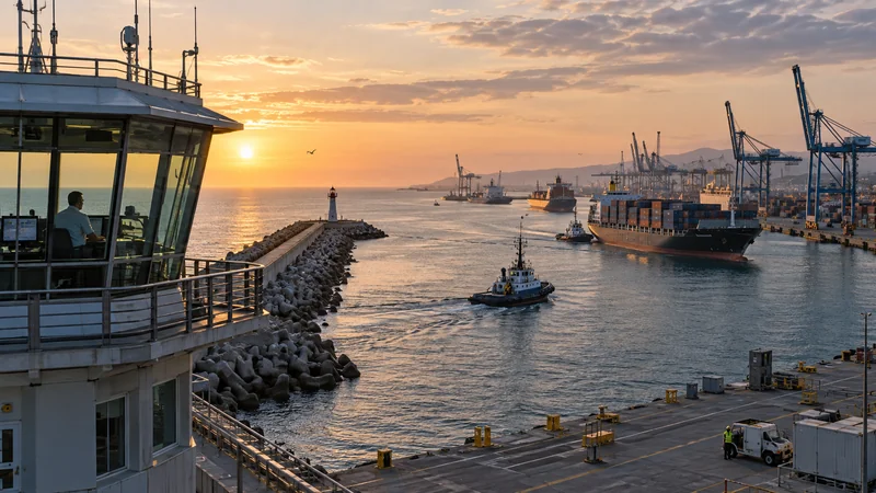 Harbour control tower overlooking breakwater and busy commercial port, editorial illustration