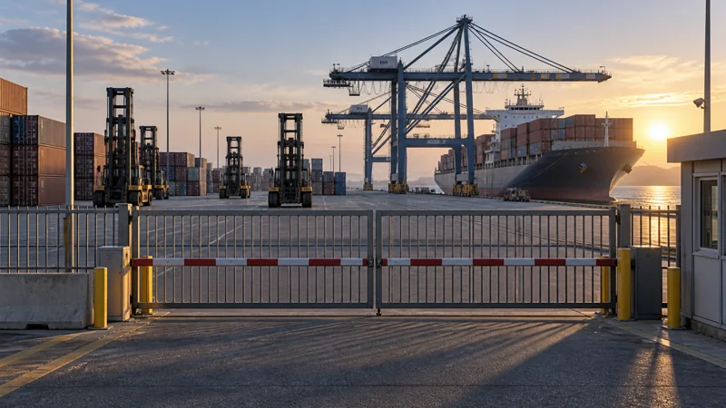 Closed terminal gates with stationary container handling equipment, no protest slogans, editorial illustration