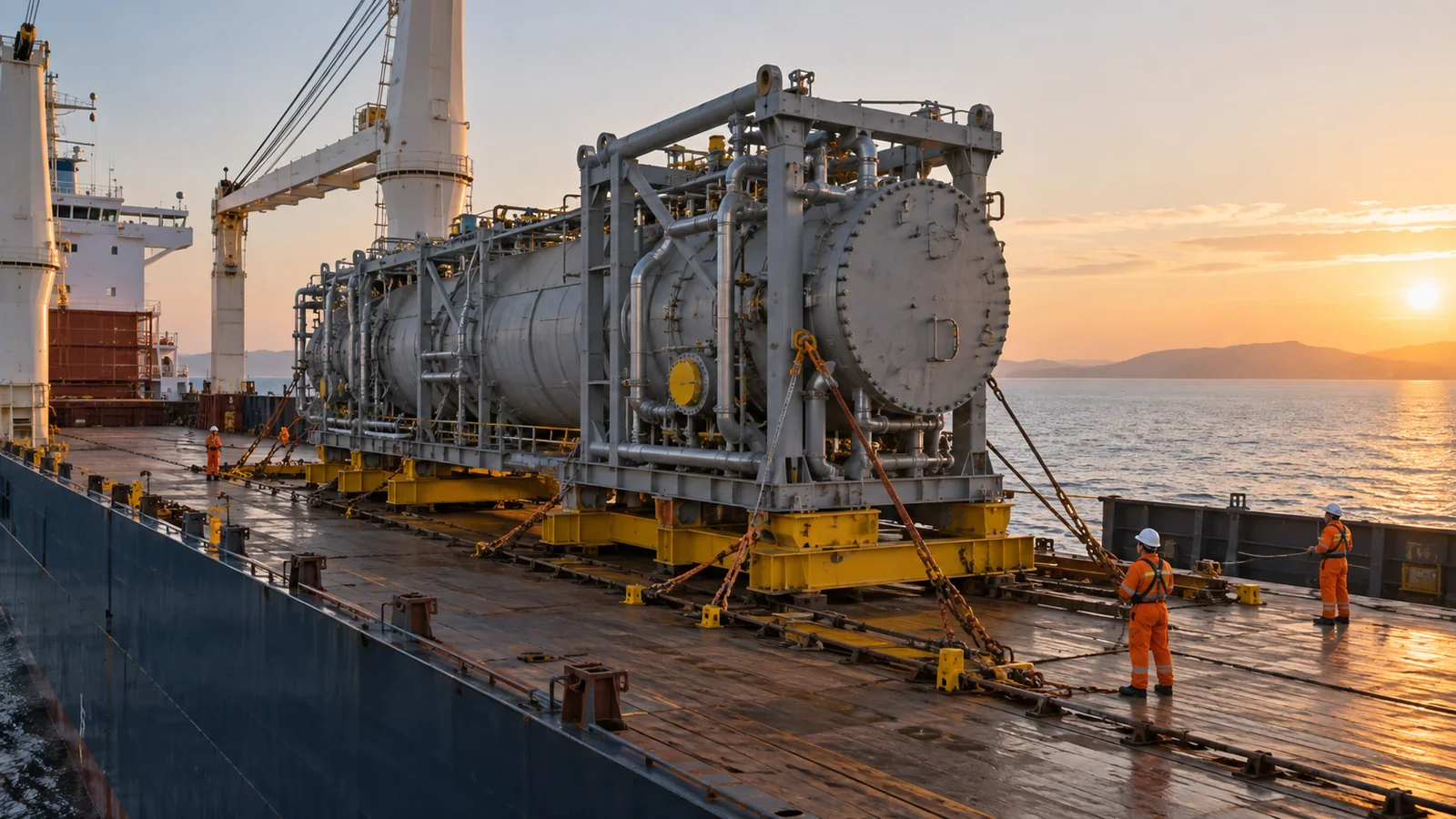 Project cargo vessel carrying a large industrial module secured on deck, editorial illustration