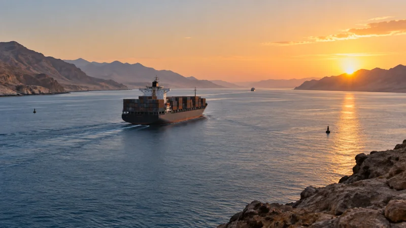 A distant commercial ship in a broad arid sea corridor at sunrise, peaceful scene, editorial illustration