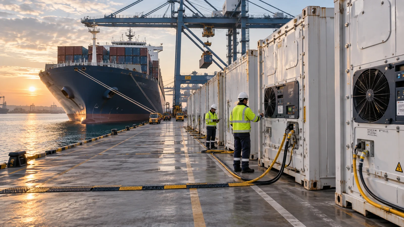 Kühlcontainer mit Stromkabeln an einem modernen Containerterminal, redaktionelle Illustration