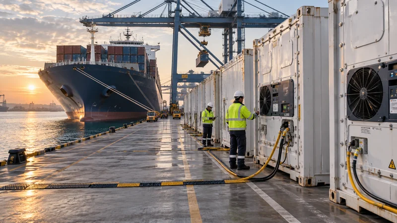 Refrigerated containers with power cables at a modern container terminal, editorial illustration