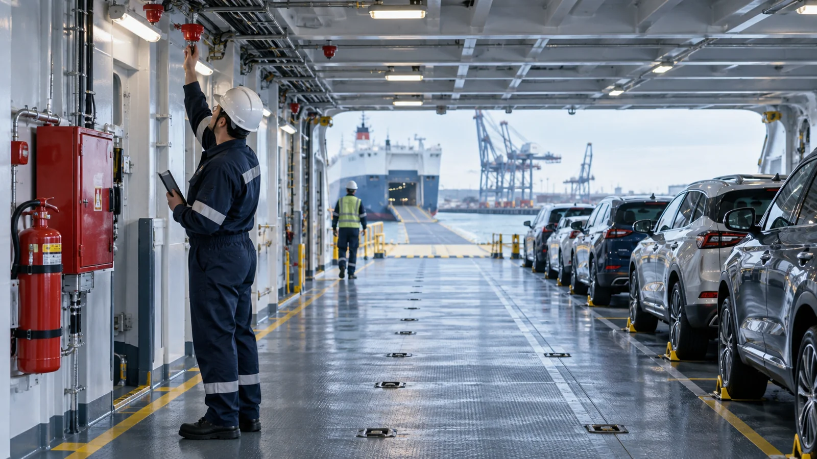 A clean vehicle carrier deck with fire detection equipment and neatly parked cars, editorial illustration