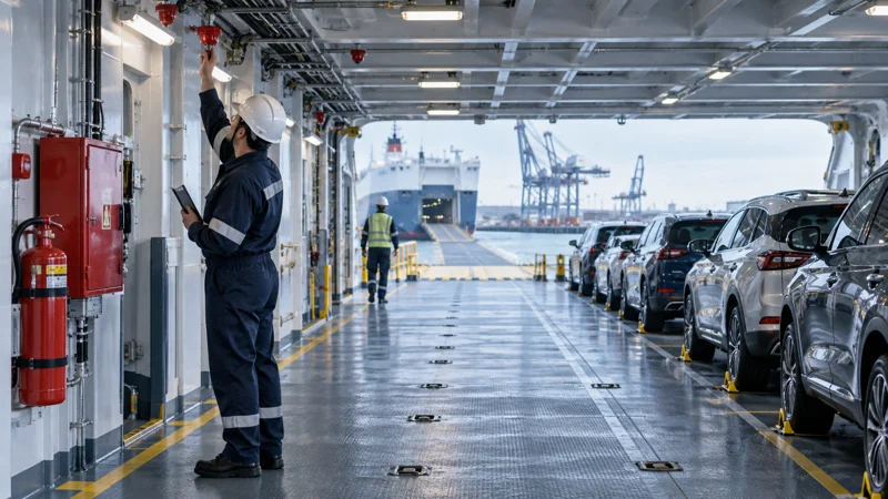 A clean vehicle carrier deck with fire detection equipment and neatly parked cars, editorial illustration