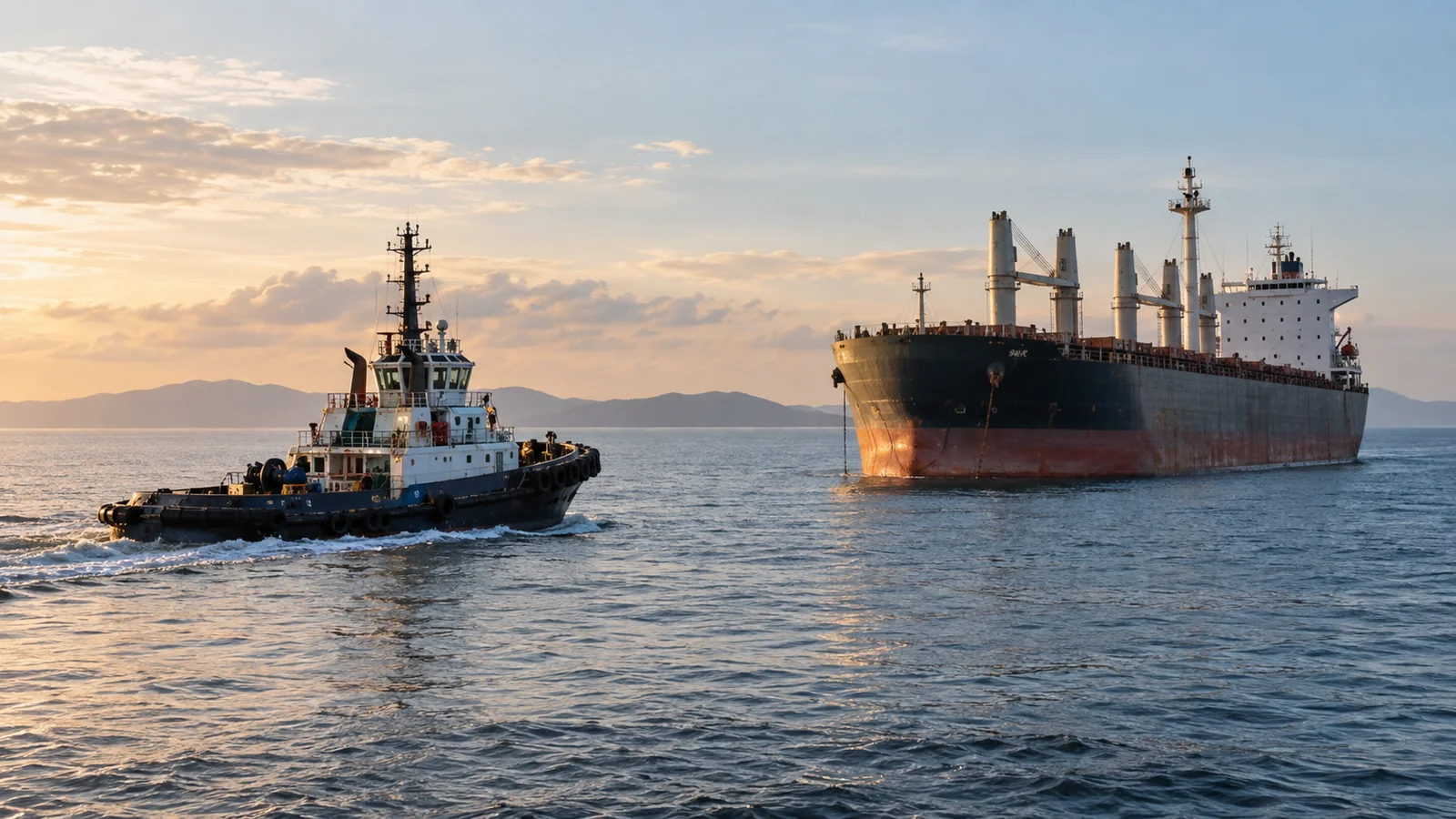 Remorqueur de sauvetage approchant un navire-cargo en panne en mer calme, illustration &eacute;ditoriale
