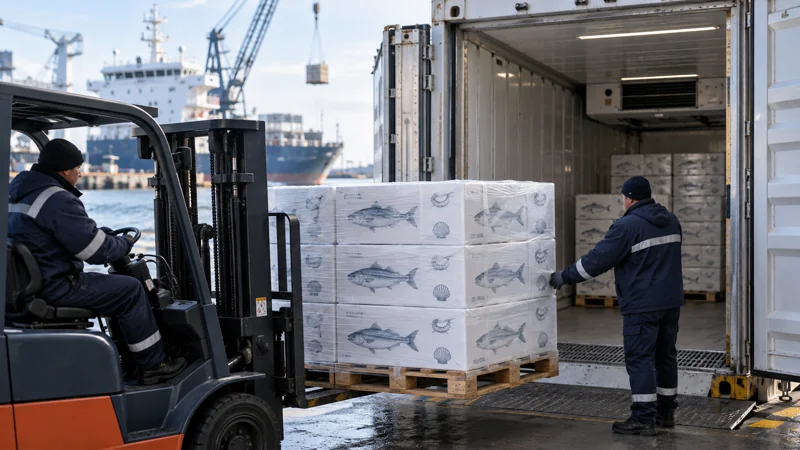 Sealed seafood cartons being loaded into a refrigerated container, editorial illustration