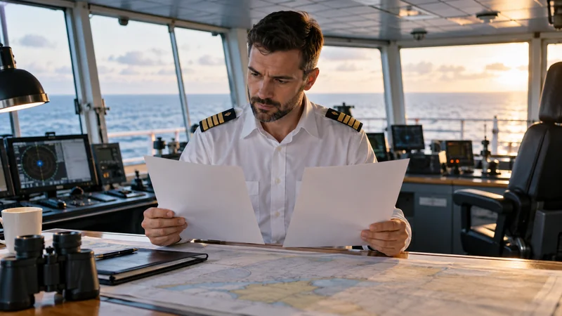 Ship manager comparing two unmarked documents on bridge desk, editorial illustration