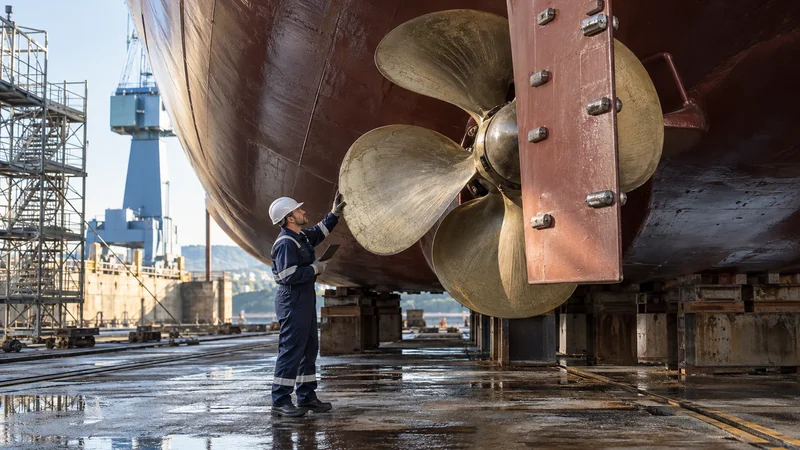 Shipyard technician inspecting a vessel propeller in dry dock, editorial illustration