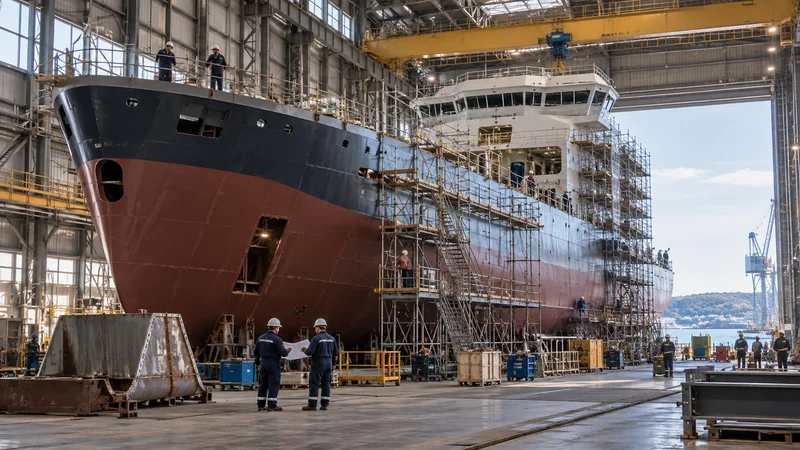 New commercial vessel under construction in a clean shipbuilding hall, editorial illustration