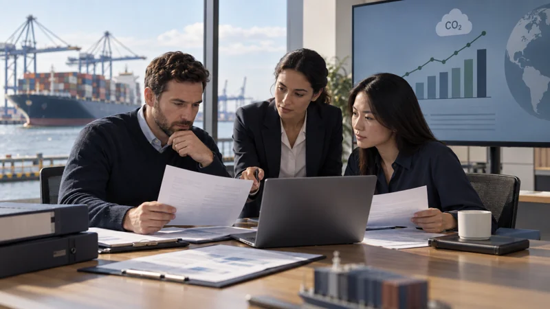 A freight accounts team comparing invoices with an abstract emissions chart, editorial illustration