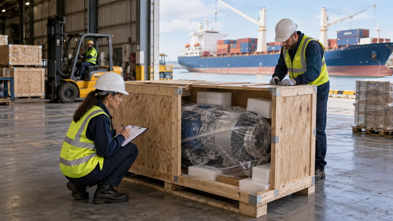 Returned industrial crate undergoing inspection at logistics warehouse, editorial illustration