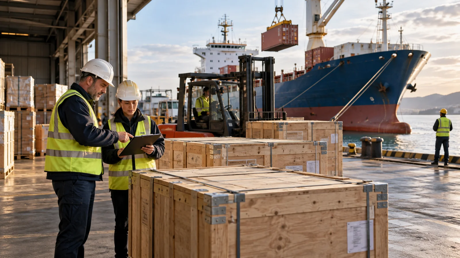 Caisses d&rsquo;export v&eacute;rifi&eacute;es dans un entrep&ocirc;t logistique c&ocirc;tier, illustration &eacute;ditoriale