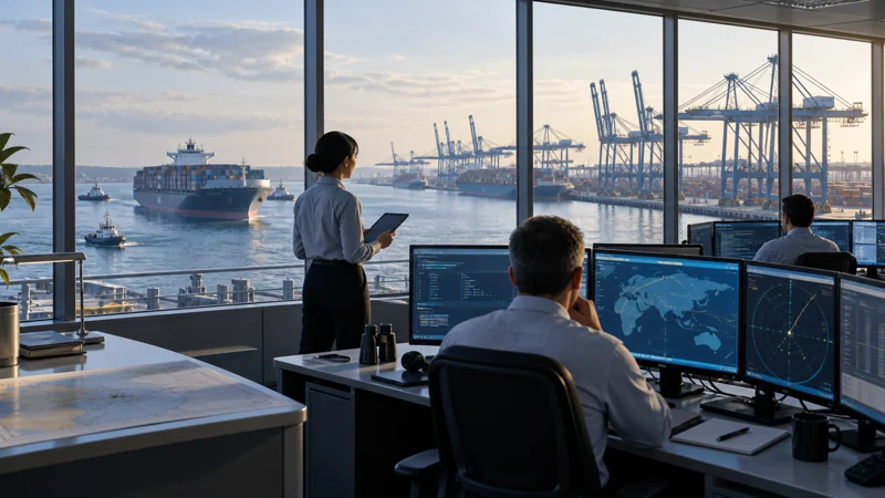 An unbranded operations room overlooking a busy container port, editorial illustration